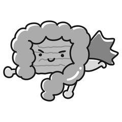きれいで健康な腸のイラスト（大腸・小腸）ヒーローキャラクター（白黒）