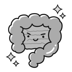 きれいで健康な腸のイラスト（大腸・小腸）キャラクター（白黒）