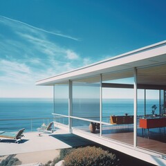 Fototapeta na wymiar Sunny, tranquil, modern luxury home showcase exterior with infinity pool and ocean view. generative AI