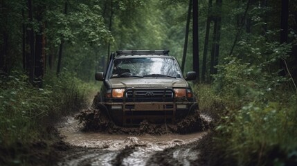 Plakat Intense Off Roading Experience: Closeup of a 4WD SUV Plowing Through Mud on a Challenging Forest Trail, Capturing Powerful Wheel Spins. Generative AI Illustration