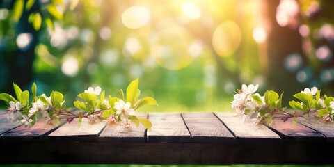 Spring background with empty wooden table. Natural template for product display with cherry blossoms bokeh and sunlight. generative ai. Empty wooden table in spring blooming orchard during sunny day