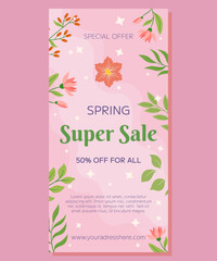 Vertical banner decorated with lovely pink flowers and green leaves on a pink background. The banner reads Special Offer Spring Super Sale. Perfect for advertising your seasonal discounts and