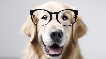 Portrait of Cute happy labrador dog with glasses is smiling, on white background