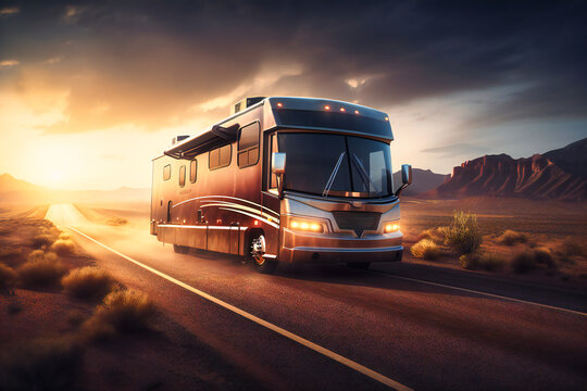 Travel the open road in a luxury summer RV, complete with a hot tub and entertainment system