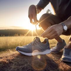 Person tying a shoelace in an open field, generative AI