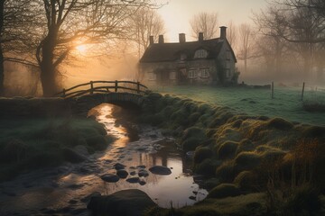 Fantasy House, building sitting in the morning mist by a river and old stone built bridge - obrazy, fototapety, plakaty