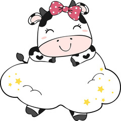 Cute happy smile baby cow sitting on cloud children cartoon character doodle hand drawing 