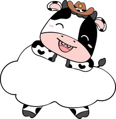Cute happy smile baby cow sitting on cloud children cartoon character doodle hand drawing 