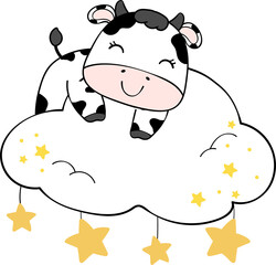 Cute happy smile baby cow sitting on cloud children cartoon character doodle hand drawing 