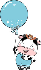 Cute happy smile baby cow celebrating birthday party children cartoon character doodle hand drawing 