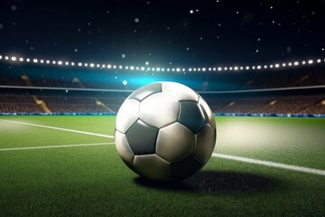 Fototapeta premium Soccer ball on the field grass. Green stadium background. Generate Ai