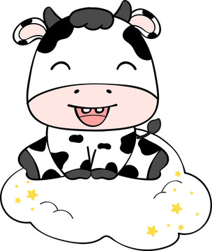 Cute happy smile baby cow sitting on cloud children cartoon character doodle hand drawing 