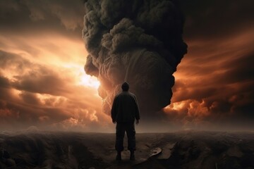 Apocalyptic epic scene with man in front of explosion. The End of the world. Generate Ai