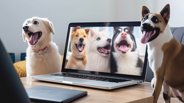 Online pet psychology, veterinarian service on-demand and Animal care. web video conference call with vet doctor. pet sits down at the computer