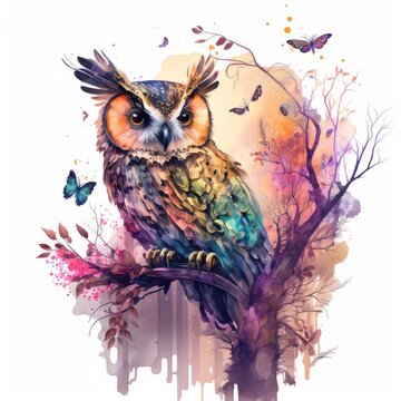 A majestic owl perches on a branch Generative Ai