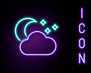 Glowing neon line Cloud with moon and stars icon isolated on black background. Cloudy night sign. Sleep dreams symbol. Night or bed time sign. Colorful outline concept. Vector