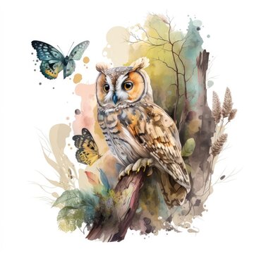 A majestic owl perches on a branch Generative Ai