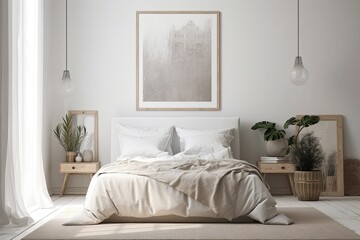 Mock up picture frame white walls, interior, backdrop, Scandinavian design, and bedroom with balcony garden. Generative AI
