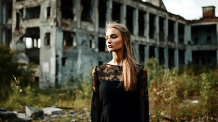Obraz na płótnie Canvas Fictitious individuals modeling sustainable fashion in unique, abandoned locations, creating a striking contrast between beauty and surroundings, Created with generative Ai Technology.