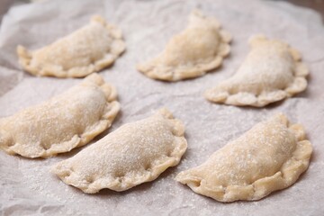 Raw dumplings (varenyky) with tasty filling on parchment, closeup. Traditional Ukrainian dish