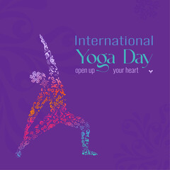 Fototapeta na wymiar Person Practicing Yoga in Reverse Warrior Pose, International Yoga Day Poster