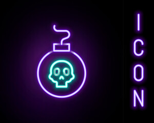 Glowing neon line Bomb ready to explode icon isolated on black background. Colorful outline concept. Vector