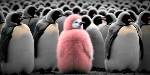 Difference concept showing by extraordinary penguin standing out of the crowd. superlative generative AI image. - obrazy, fototapety, plakaty