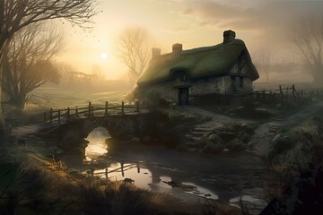 Fantasy House, building sitting in the morning mist by a river and old stone built bridge