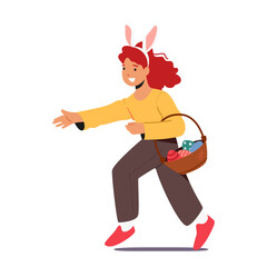 Joy and Fun Of Easter Festivities Concept. Cute Little Girl Character in Bunny Ears Run with Basket Full of Easter Eggs