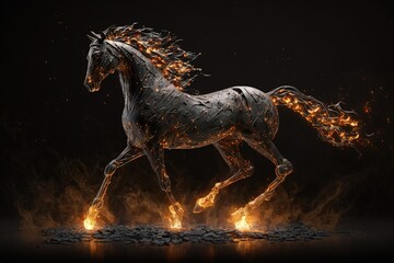 The iron horse runs in a flame of fire. Horse on fire on a black background. AI generated