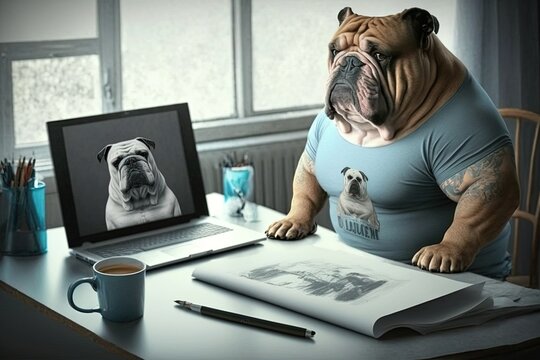 Fat dog in the office. A dog in a T-shirt sits at a computer. Fat dog in the office AI generated