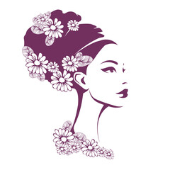 Beautiful woman with elegant makeup, wearing flowers on hair bun. Fashion, beauty salon and lifestyle illustration. Young lady portrait isolated on light fund. Retro headwear cute face logo.