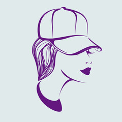 Beautiful woman with bold makeup, wearing a stylish cap. Fashion, beauty salon and lifestyle illustration. Young lady portrait isolated on light fund. Modern headwear cute face logo.