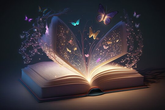 An open magic book with which butterflies fly out. AI generated