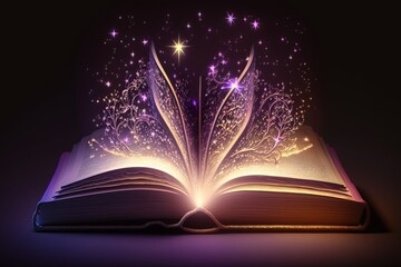 Magical open book with luminous stars. AI generated
