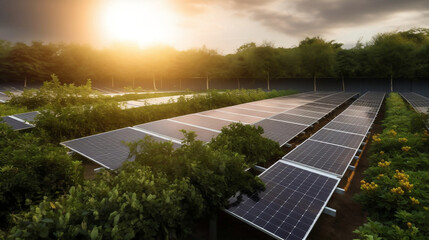 renewable energy background with green energy as wind turbines and solar panels. Generative AI.