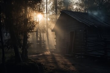 Fototapeta na wymiar Old wooden shack, hut, shed, house sitting alone in a dreamy woodland setting.