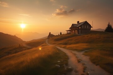 Mountain Lodge sitting alone in a mountain setting. With a golden sunset