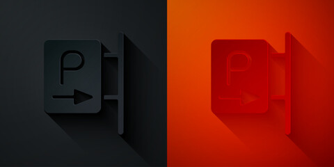 Paper cut Parking icon isolated on black and red background. Street road sign. Paper art style. Vector