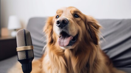 Dog Speaks With Microphone. recording podcast or broadcasting on radio in studio at home. Pet in a podcasting place