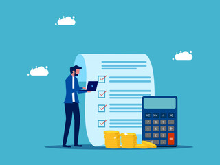 Review financial documents or control overhead costs. Businessman checking documents with laptop vector