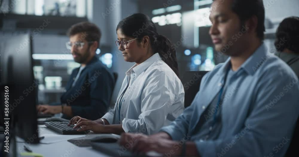 Poster Portrait of a Team of Talented Young Indian Professionals Working in a Technological Research and Development Agency. Computer Screens with Software Code and Technical Neural Network Diagrams