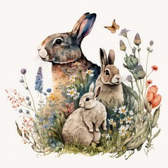 A family of watercolor rabbits Generative Ai