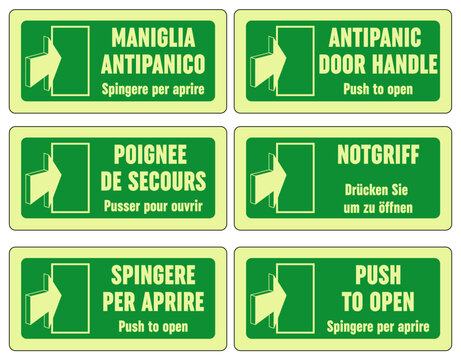 Cartelli di antincendio e salvataggio, Maniglia antipatico, spingere per aprire, antipatica door handle, push to open, hotel, motel, ristoranti, teatri, cinema, museo, mostre