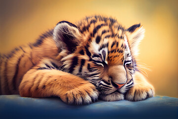 Little cute animal concept, sleeping animal dreaming dreams. Little cute baby tiger, on a pastel background. Illustration, Generative AI.