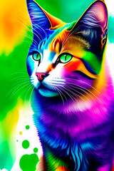abstract bright colors watercolor colorful super cute cat portrait face, white background