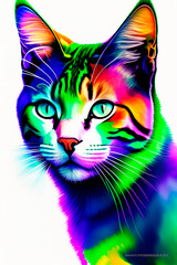 abstract bright colors watercolor colorful super cute cat portrait face, white background
