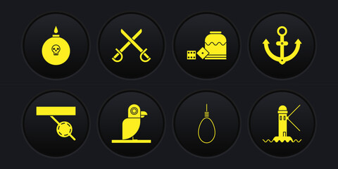 Set Pirate eye patch, Anchor, parrot, Gallows rope loop hanging, game dice, Crossed pirate swords, Lighthouse and Bomb ready to explode icon. Vector