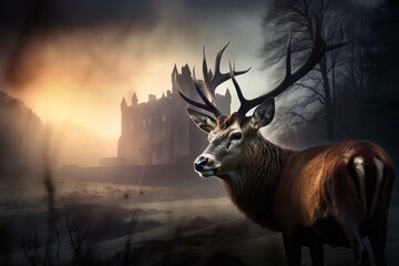 Portrait of a Stag Deer with an old castle ruins in the background.