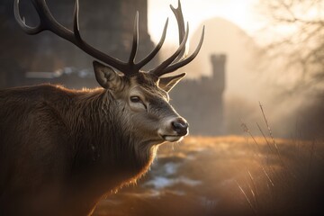 Portrait of a Stag Deer with an old castle ruins in the background.